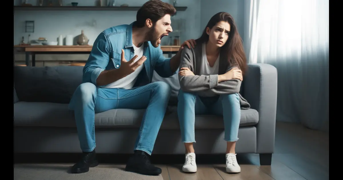 A couple having a heated argument in a modern living room. One partner is shouting while the other looks visibly hurt and defensive, sitting on the couch. The environment is tense and the room feels cold, representing the verbal abuse and emotional turmoil in a narcissistic relationship.