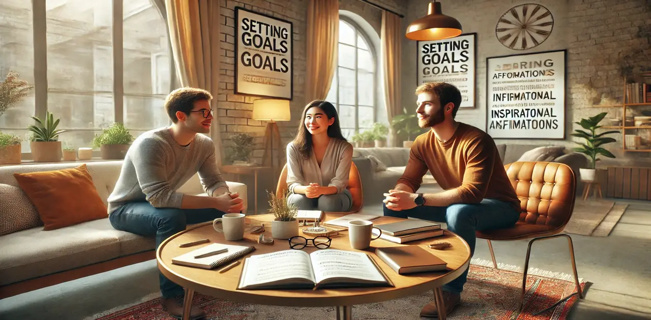 A diverse group of three people discussing goals and affirmations in a cozy setting, symbolizing collaboration and shared success.