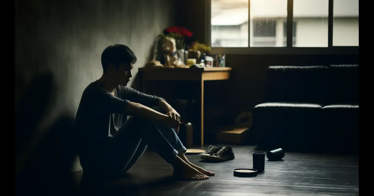 A person sitting alone in a dimly lit room, looking down with a sad and exhausted expression. The atmosphere is heavy, with subtle signs of neglect and emotional turmoil around, like discarded personal items and a gloomy setting, representing the mental exhaustion from narcissistic abuse.