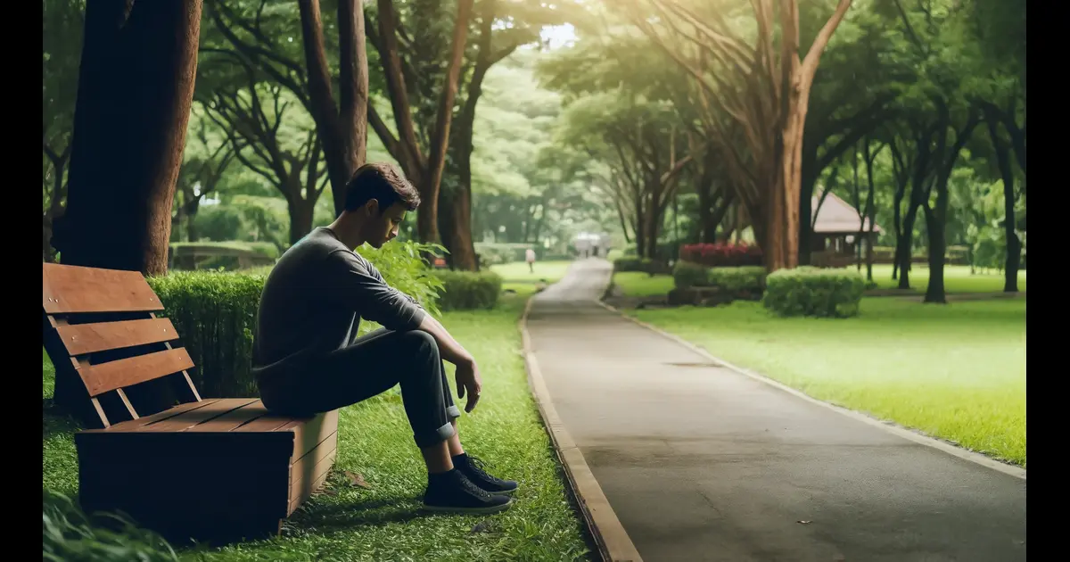 A person sitting alone in a park, looking down with a distant and sorrowful expression. The park is serene with green trees and a path, but the person's isolation and emotional pain are evident, symbolizing the loneliness and mental burden caused by narcissistic abuse.