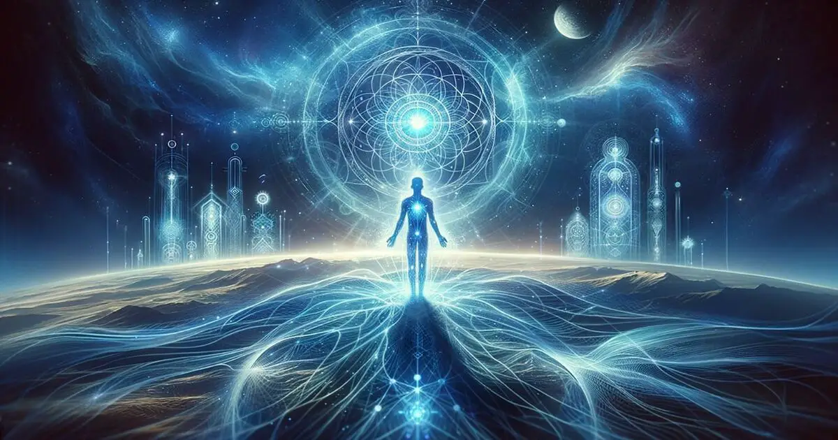 In a cosmic setting, a silhouette of a Blue Ray Starseed radiates a luminous aura. Holding a detailed holographic blueprint, they are surrounded by ethereal structures and energy patterns, symbolizing their role as architects of higher dimensions in human spirituality.
