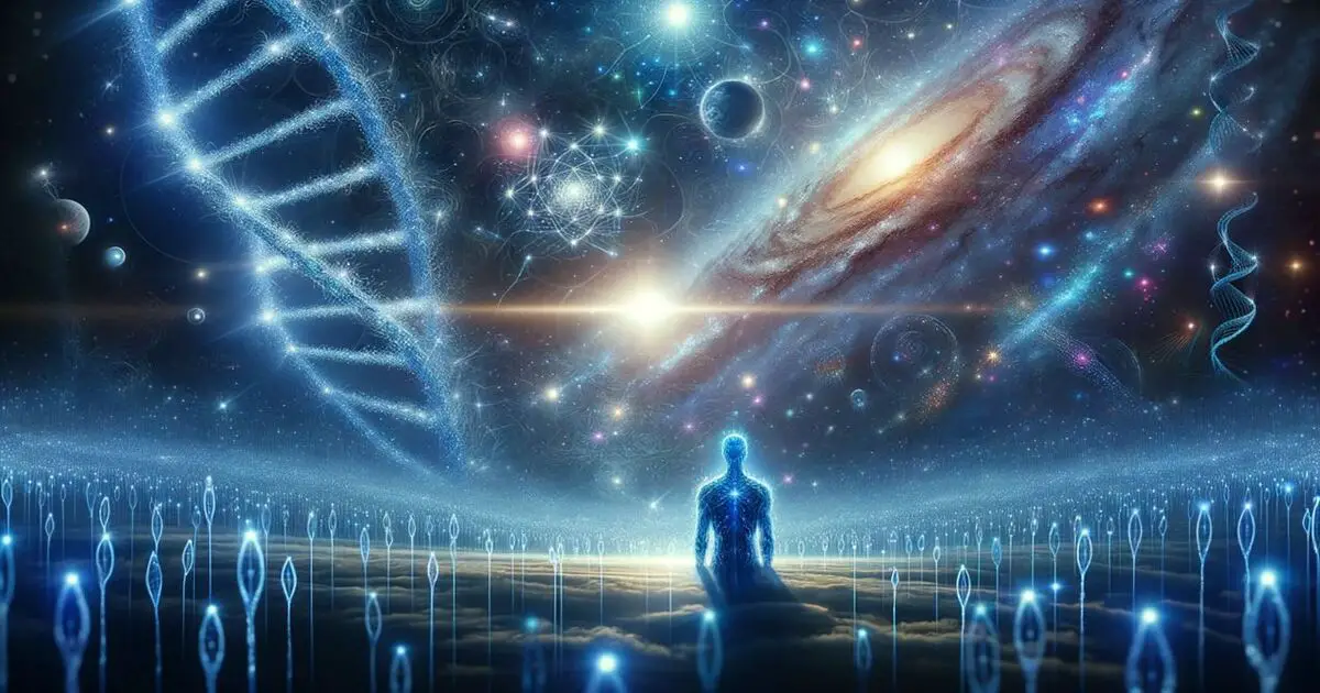 A tranquil cosmic vista illuminated by radiant blue lights. In the foreground, a silhouette of a Blue Ray being stands, gazing into the vast expanse of the universe. Spiraling around the being are luminous DNA strands, each glowing with distinct frequencies, symbolizing their shared mission.
