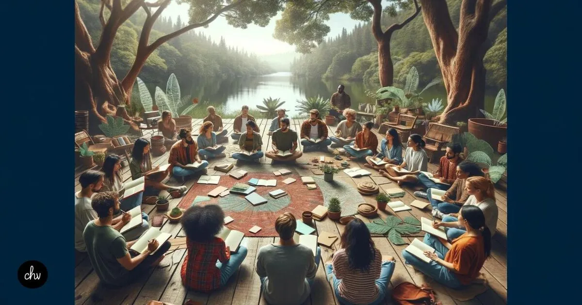 this image emphasizes the communal and shared experience of manifestation journaling in a serene natural setting.