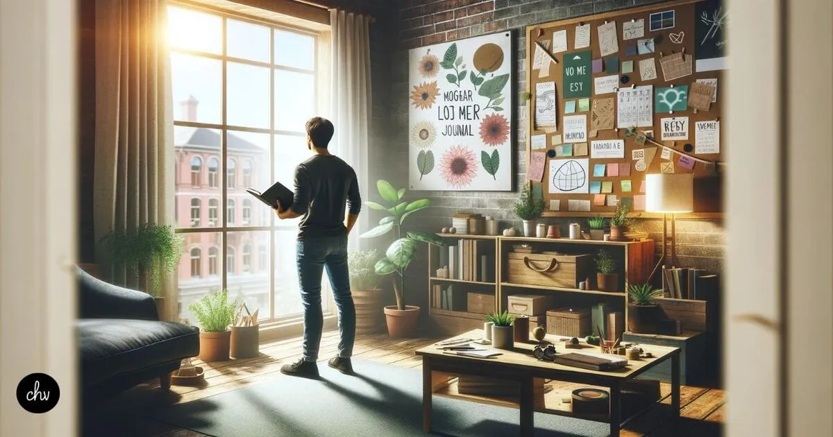 This scene features a person standing by a window, holding a journal, surrounded by symbols of personal growth. It reflects the introspective and aspirational aspects of manifestation journaling.