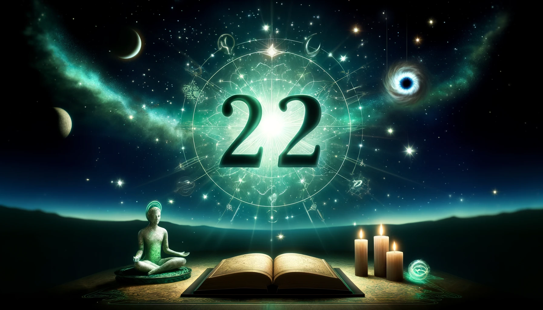 This image emphasizes the power and significance of the master number 22, with the number glowing brightly in a starry night sky, surrounded by mystical symbols.