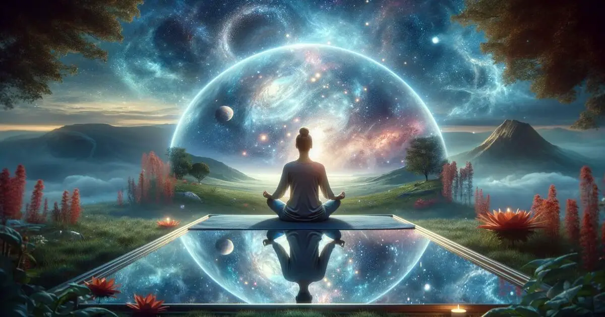 image illustrates the concept of the mind as a part of the vast cosmos, with a person sitting in deep contemplation surrounded by the universe.