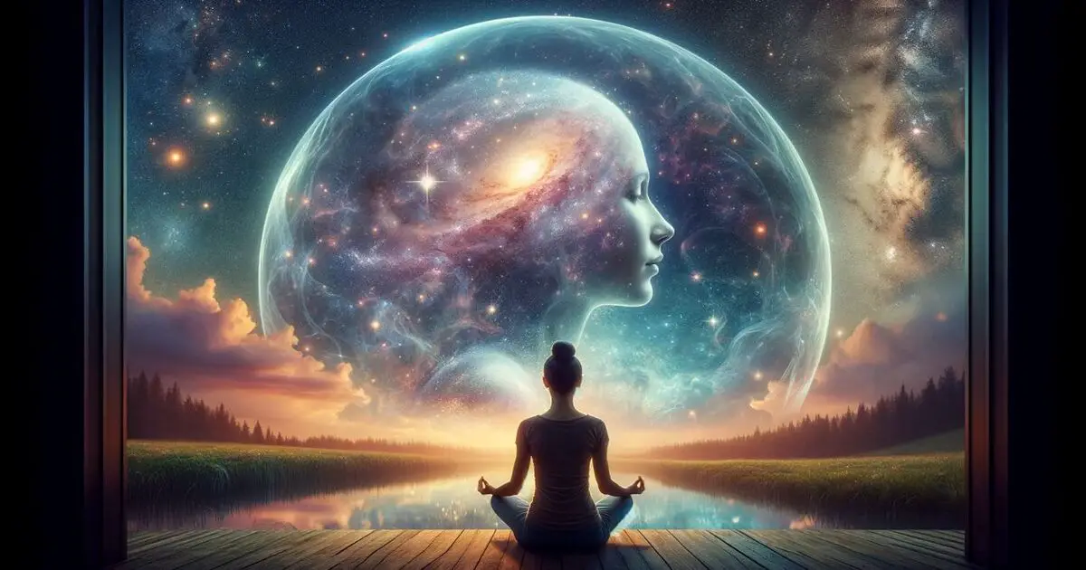 image shows a woman standing in front of a large mirror in a natural setting, reflecting a serene landscape, symbolizing how our inner world shapes our external reality.