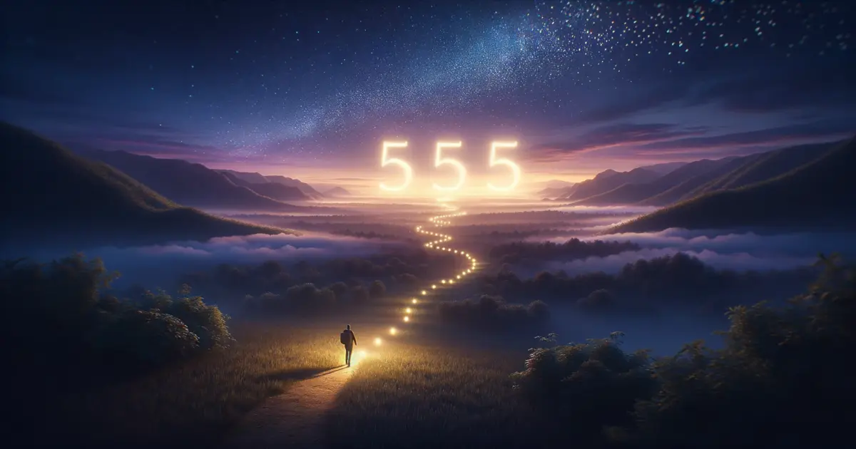 A mesmerizing twilight landscape portrays the glowing numbers '5555' in the sky, softly illuminating a path below. A traveler, guided by this ethereal light, confidently treads forward, embodying trust in their journey.