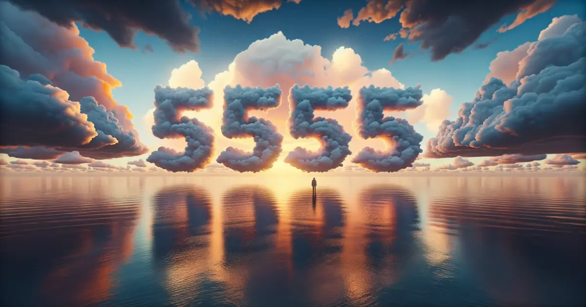 A serene oceanic tableau during sunset is graced by the numbers '5555' formed by clouds. Their reflection on the gentle waves captivates an individual on the shore, symbolizing deep introspection and alignment with personal growth.