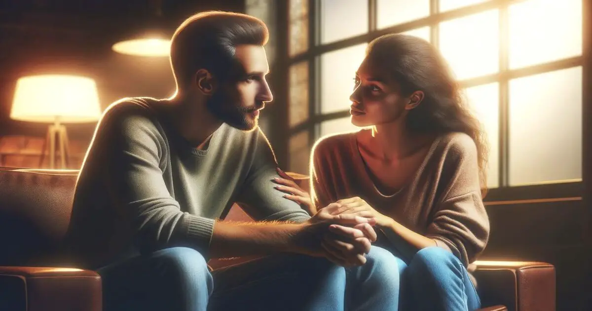 a man and a woman in a cozy, intimate setting, deeply engaged in conversation. This setting accentuates the emotional connection and trust between them.