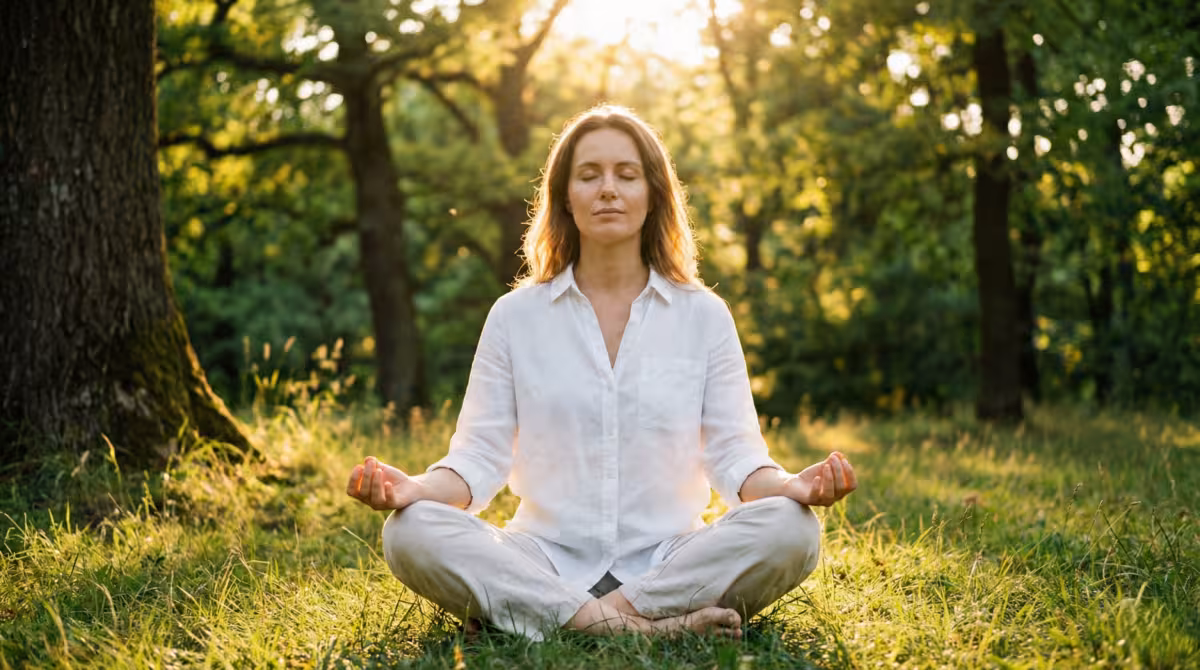 Woman meditating peacefully in nature during spiritual energy shift with soft golden light