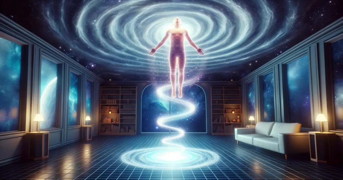 An ethereal representation of a person floating above their physical form, capturing the essence of a near-death experience. The luminous Kundalini energy spiral connects the two, emphasizing the spiritual renewal.