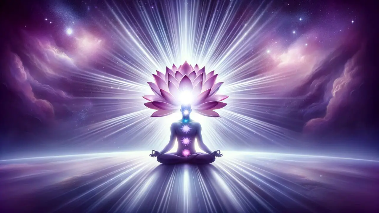 A serene and spiritual scene depicting the Crown Chakra, Sahasrara, with a meditating figure and a radiant lotus flower, set against a cosmic background.