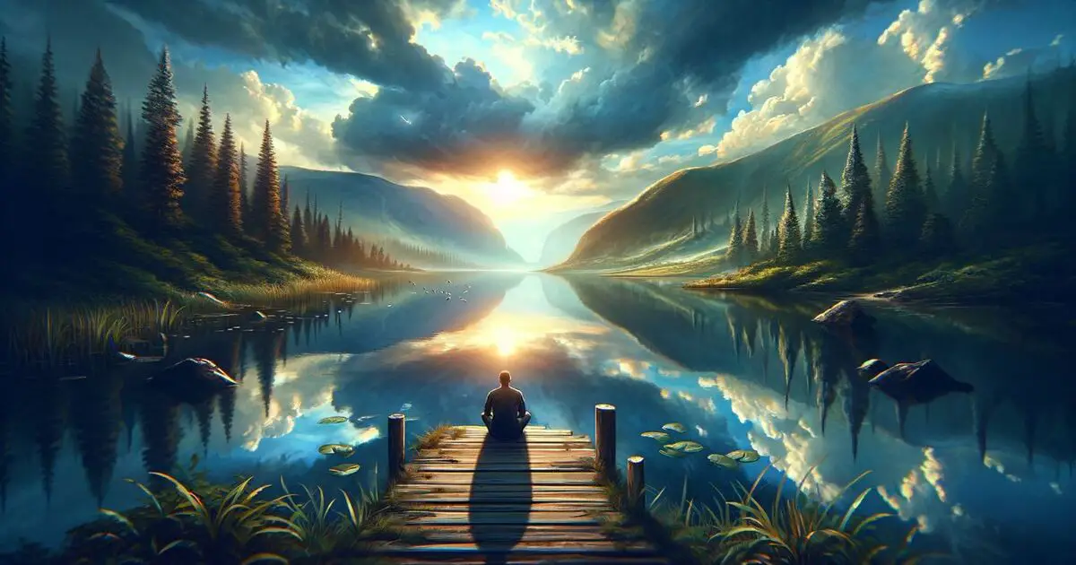 'Our Wounding Can Lead Us Back to Our True Nature', with a serene lake scene symbolizing self-reflection.