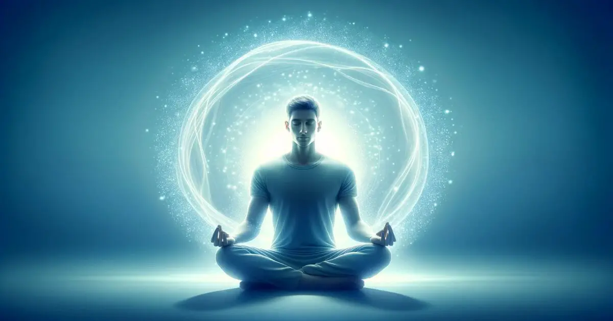  An image of a person in deep meditation, surrounded by a soft aura of light, conveying the essence of meditation and its role in achieving inner peace and self-awareness.