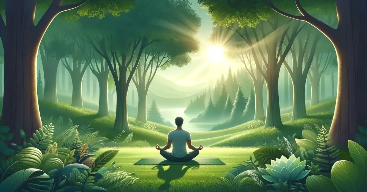 A peaceful scene of a person practicing yoga in a tranquil natural setting, embodying inner peace and connection with nature.
