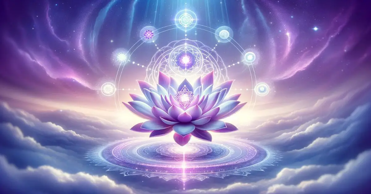 Showcasing a radiant thousand-petaled lotus flower in shades of violet and white, symbolizing wisdom, enlightenment, and spiritual transcendence. This image is complemented by glowing orbs and ethereal light, representing the vibrational energy of Sahasrara against a serene violet to white gradient background.