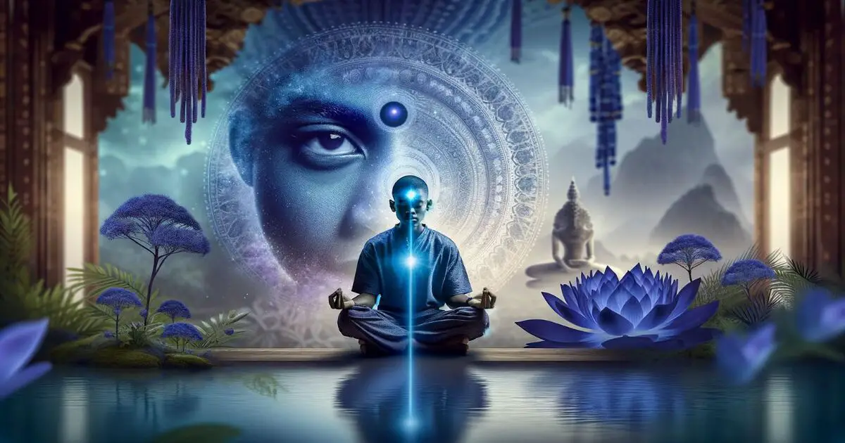 Yoga Practice and the Third Eye Chakra: This wide-format image depicts a person practicing yoga in a tranquil environment, with an emphasis on the Third Eye Chakra. The setting is peaceful, highlighting themes of introspection and spiritual balance.