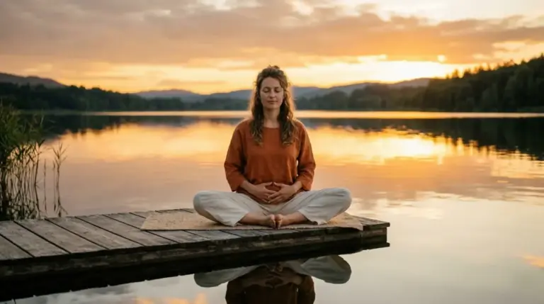 A woman performing Goddess Pose on an outdoor yoga deck surrounded by misty forest, practicing a hip-opening yoga posture to support sacral chakra awakening.