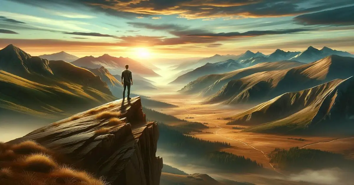  'Embracing Vulnerability', depicting a person standing at the edge of a cliff, facing a vast landscape.