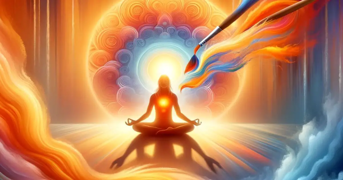 Creative Expression for Sacral Chakra - An individual in a meditative pose is enveloped by an orange aura, with a paintbrush in hand as vivid colors flow onto a canvas, depicting the unleashing of Sacral Chakra's creative potential.