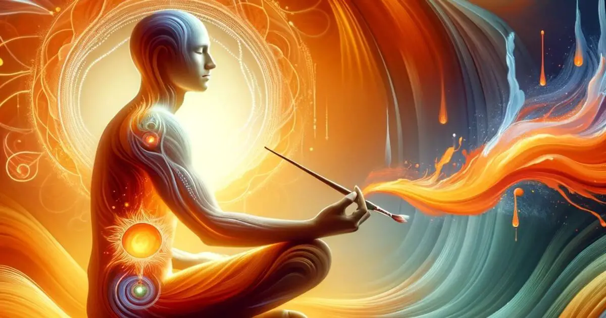 Sacral Chakra Artistic Flow - A person sits cross-legged, channeling the Sacral Chakra's energy into artistic creation, as a spectrum of colors emanates from their paintbrush, representing the flow of creativity and emotional expression.
