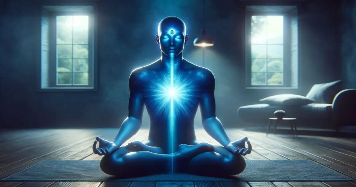 portrays a person in deep meditation, with a focus on the Third Eye Chakra, symbolized by an indigo light glowing between their eyebrows. The setting is serene and enhances the spiritual mood of the image.