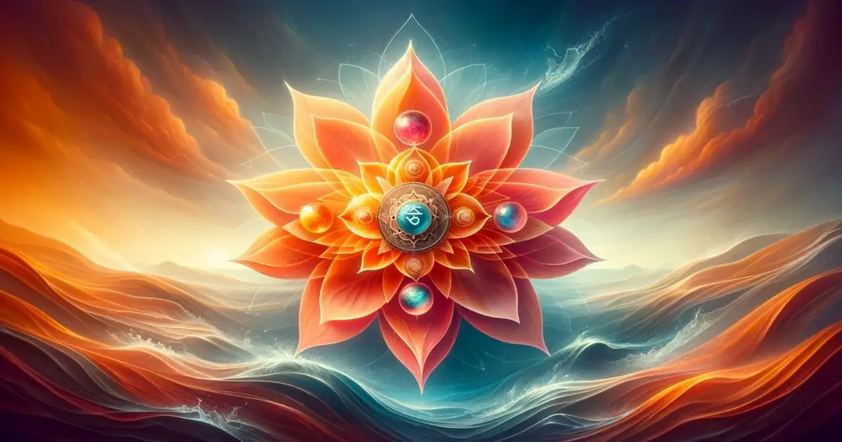 Wide format image showcasing the Sacral Chakra's energy, with an abstract orange lotus symbolizing emotional balance and creativity, set against flowing water, reflecting personal growth and chakra activation.