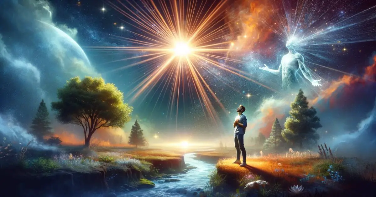 A depiction of a person experiencing a moment of spiritual enlightenment in nature, symbolizing the transformative power of spiritual experiences. 