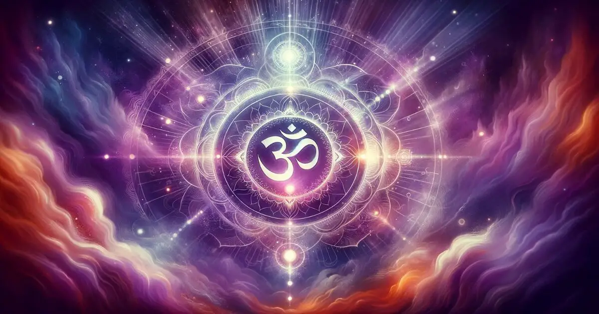 Featuring an artistic representation of the Om symbol, surrounded by a halo of violet and white light, embodying spiritual awakening and divine connection. The background is an ethereal blend of violet hues, symbolizing the higher states of consciousness associated with the Crown Chakra.