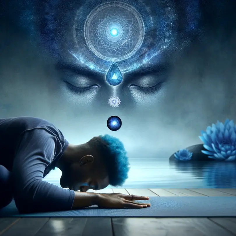 Yoga Practice and the Third Eye Chakra: This image depicts a person practicing yoga in a tranquil environment, with an emphasis on the Third Eye Chakra. The setting is peaceful, highlighting themes of introspection and spiritual balance.