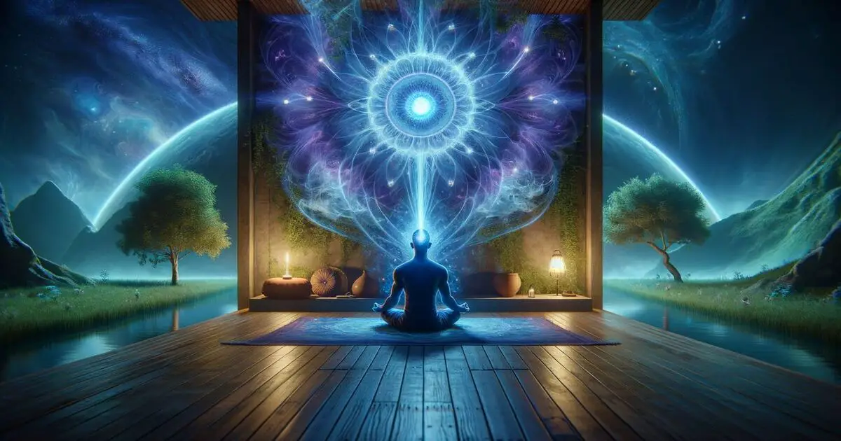 Advanced Meditation and the Third Eye Chakra: This image depicts a person in advanced meditation, deeply connected with the Third Eye Chakra. The individual is surrounded by a vivid indigo aura emanating from their forehead, sitting in a peaceful setting that may be a secluded outdoor location or a meditation space. 