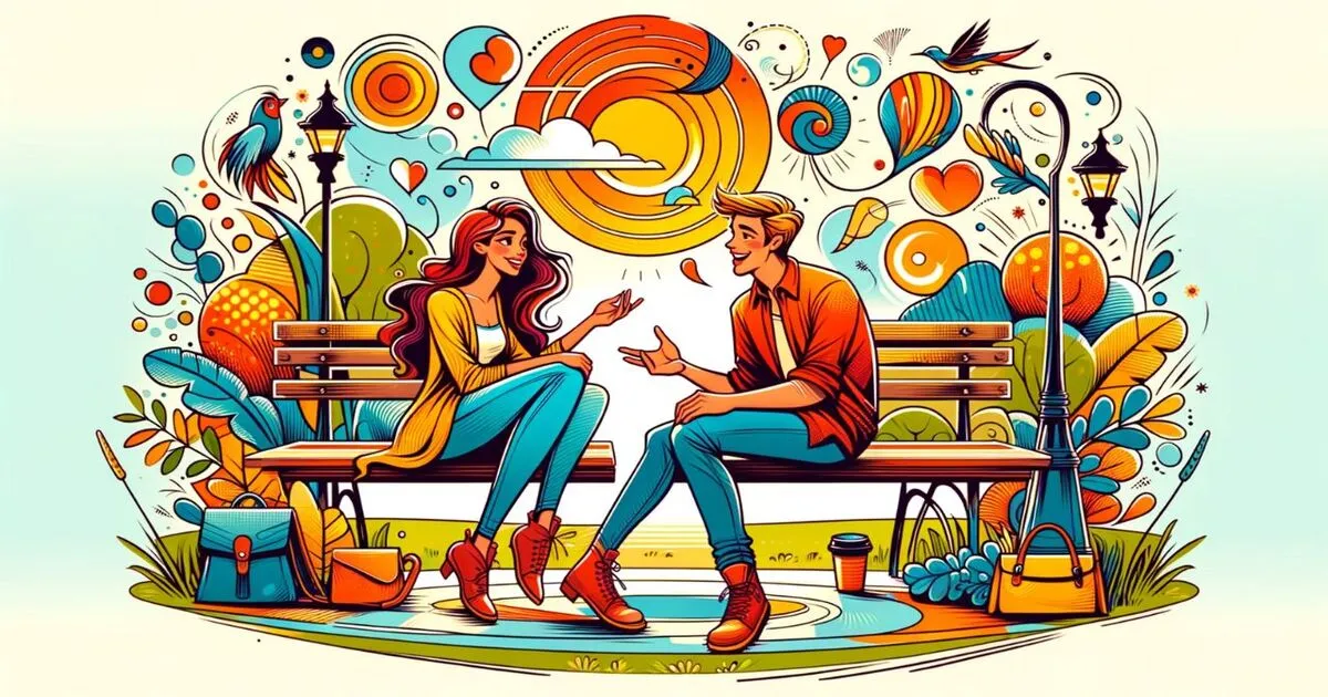  two people engaging in a playful conversation in a casual, relaxed setting, perfectly embodying the beginning of a budding romantic connection.
