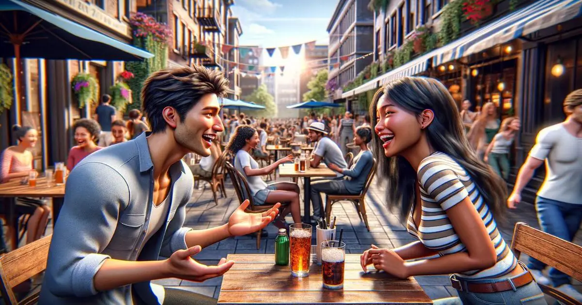 depicts a playful and flirty daytime conversation between two young adults in a lively outdoor environment, like a street cafe or a city park.