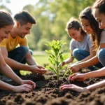 An image of a group planting a a tree in the name of the power of optimism