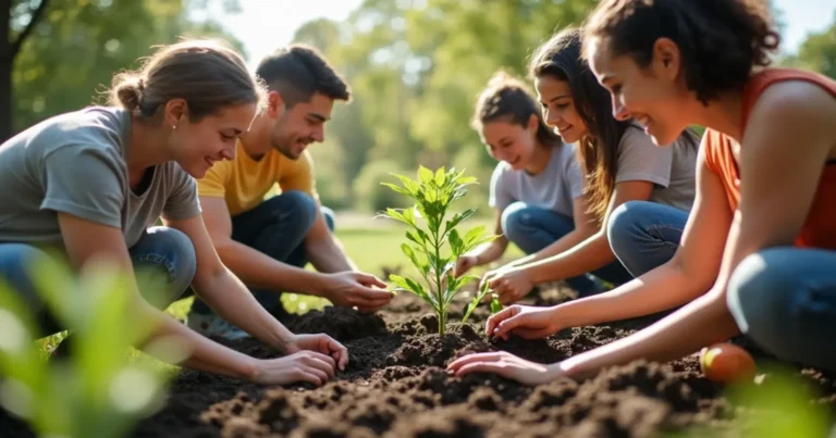 An image of a group planting a a tree in the name of the power of optimism