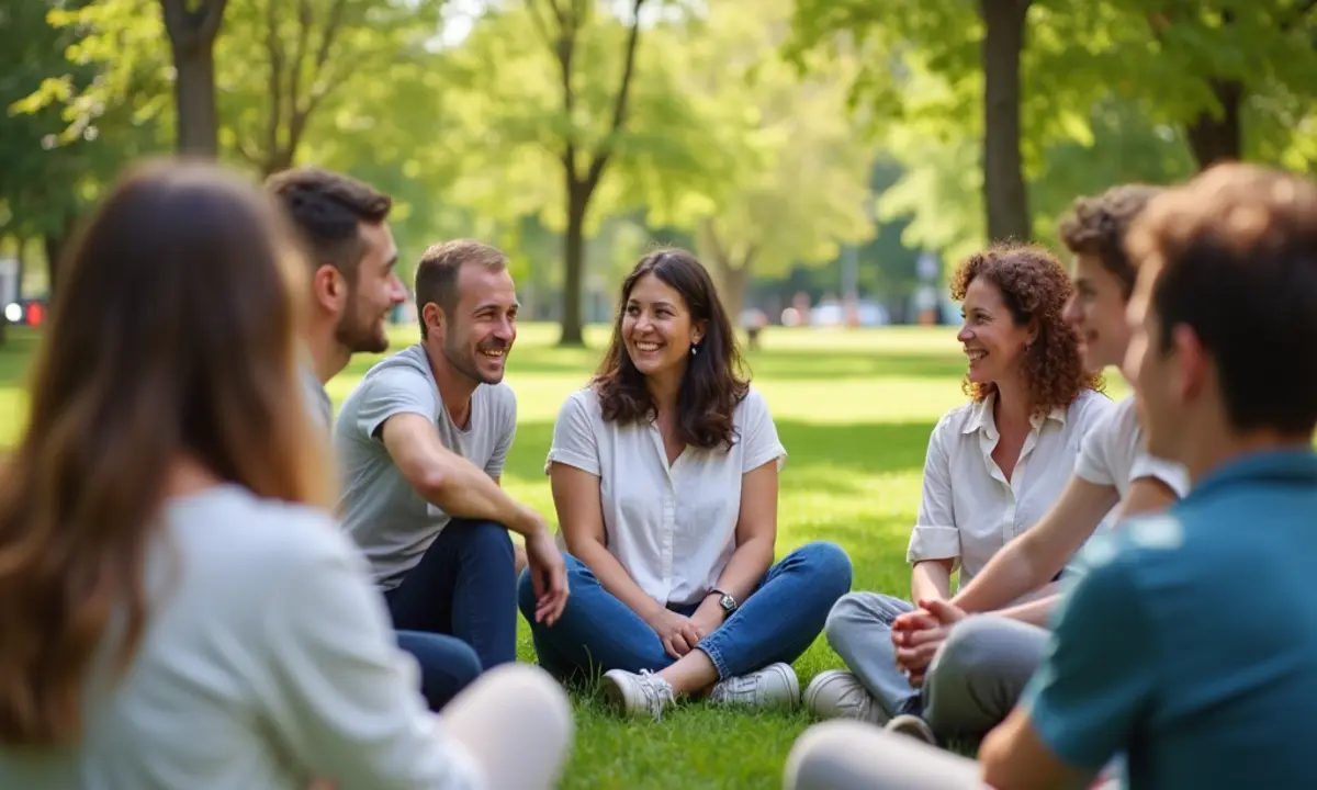 A group of friends that are like minded in positivity hanging out in the park