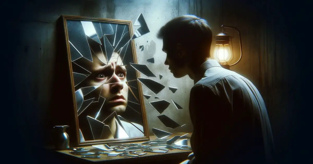 a fragmented mirror with the reflection of a puzzled face, depicting confusion and self-doubt induced by gaslighting.