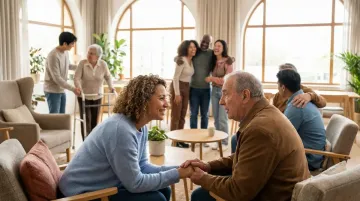 Genuinely good person listening with empathy during meaningful conversation while others help and support each other in background