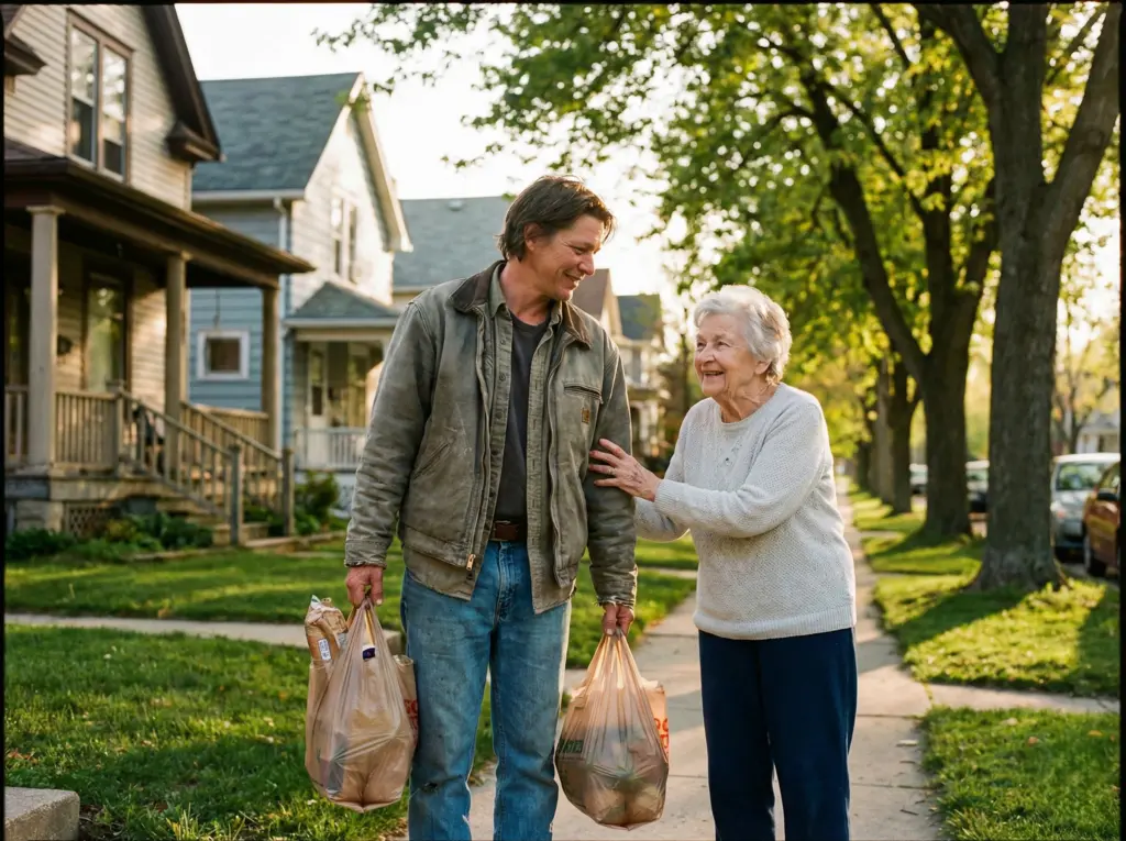 Person helping elderly neighbor carry groceries quietly without seeking attention or recognition