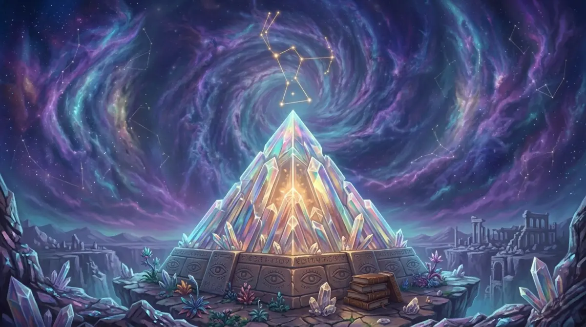 Glowing crystal pyramid beneath Orion constellation and colorful cosmic nebula sky.