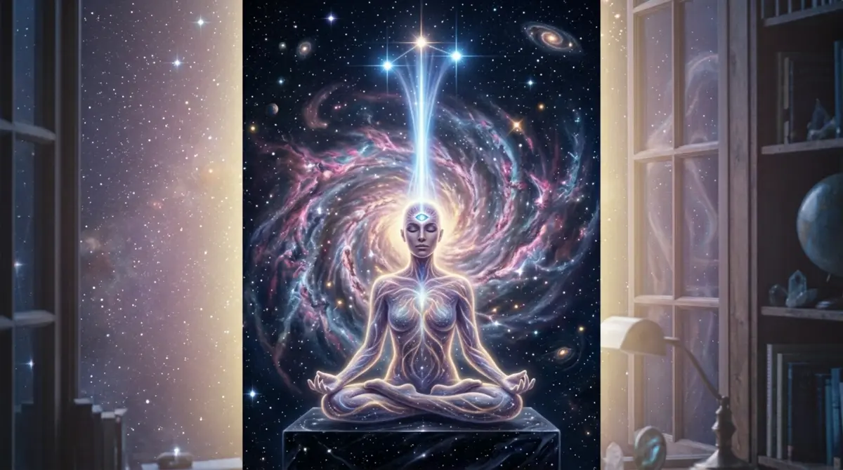 Person meditating under Orion’s Belt, third eye connected to stars.