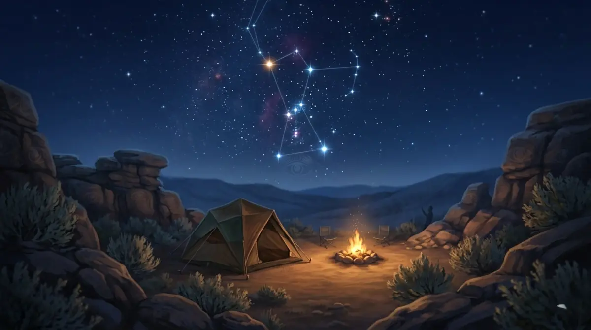 Night camp scene with tent under bright Orion constellation in clear sky.