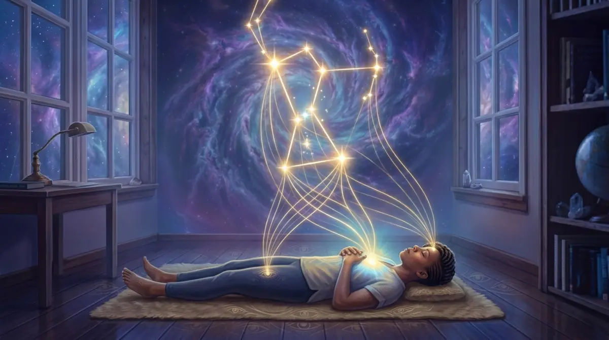 Healing session with person bathed in golden light from Orion constellation.