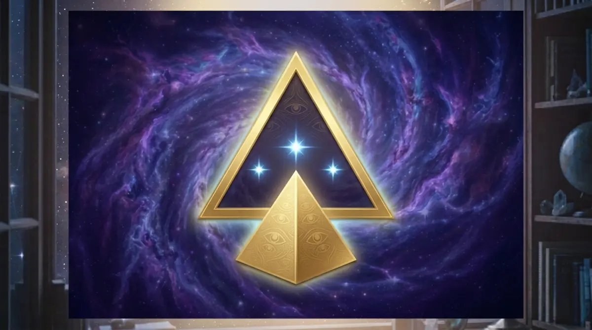 Orion Starseed symbol with triangle, stars, and pyramid in cosmic nebula.