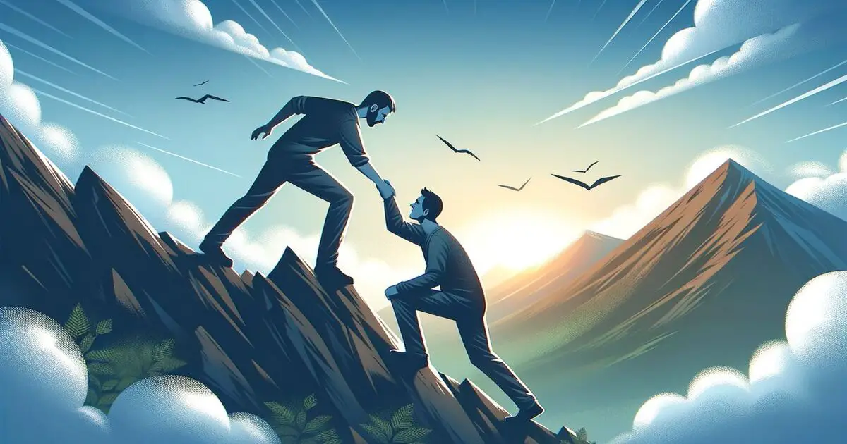 Virtue and Doing the Right Thing: An image of a person helping another up a mountain, symbolizing teamwork and mutual support.