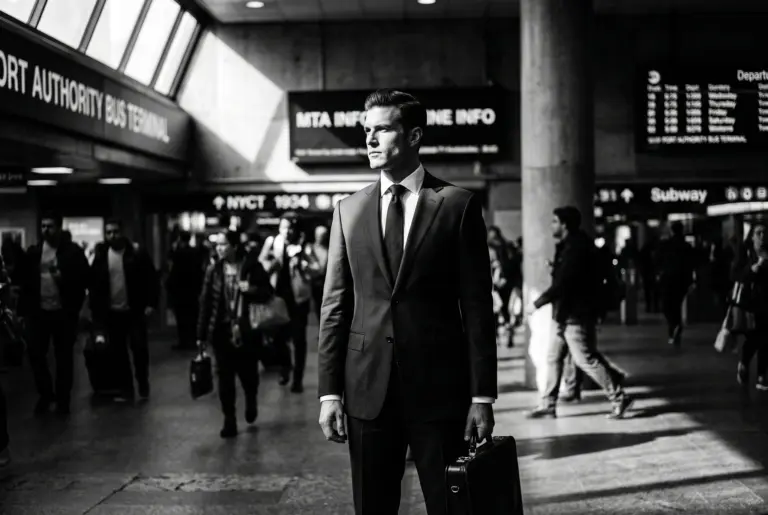Man in a suit standing still in a busy bus terminal