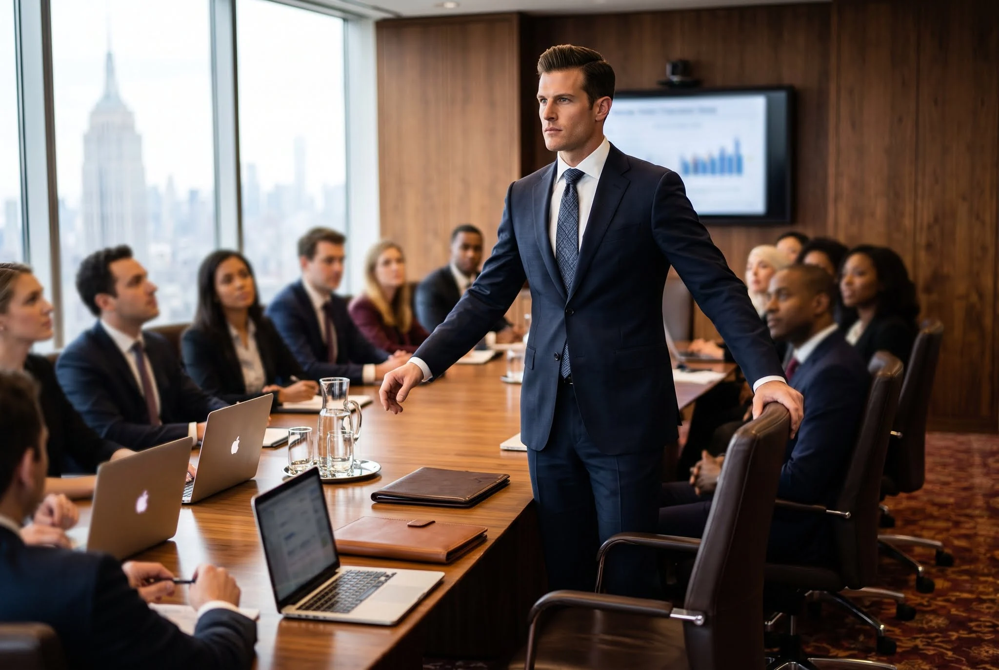 Businessman standing and leading a meeting with colleagues in an executive boardroom