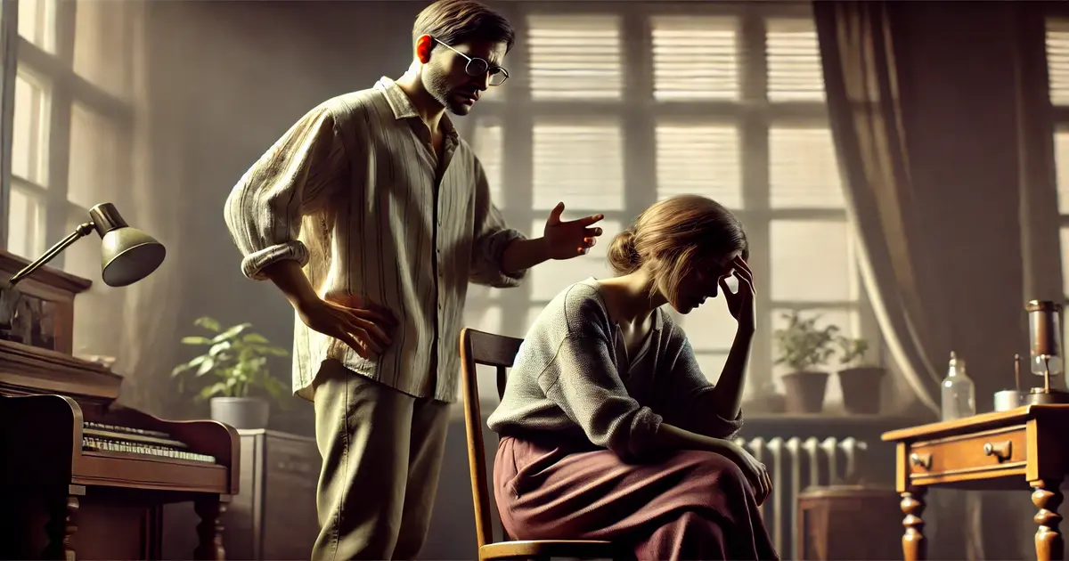 image depicting the emotional tension of gaslighting. The scene captures the intense interaction between the two individuals, with a focus on the emotional distress of the victim and the manipulative stance of the gaslighter.