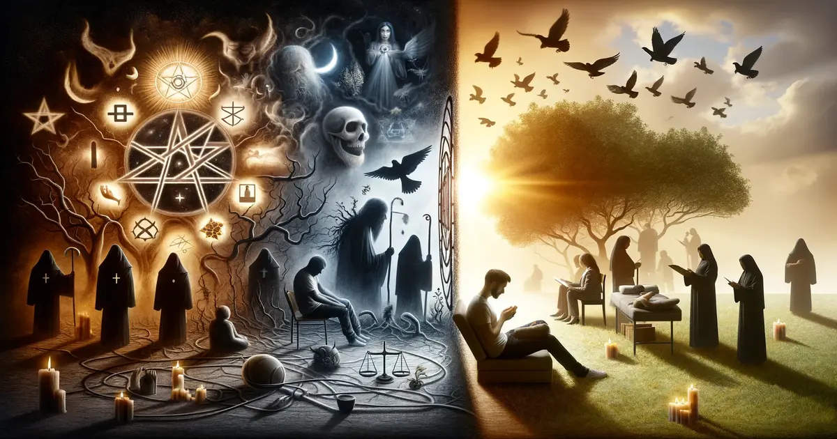 The left side illustrates a dark, oppressive scene with a person feeling trapped and isolated, surrounded by religious symbols and shadowy figures representing authoritarian practices and spiritual abuse. The right side transitions to a brighter, more hopeful scene, where the same person finds solace and connection in a supportive community, engages in therapy, and experiences self-reflection. Nature elements, like trees and sunlight, symbolize growth and healing.